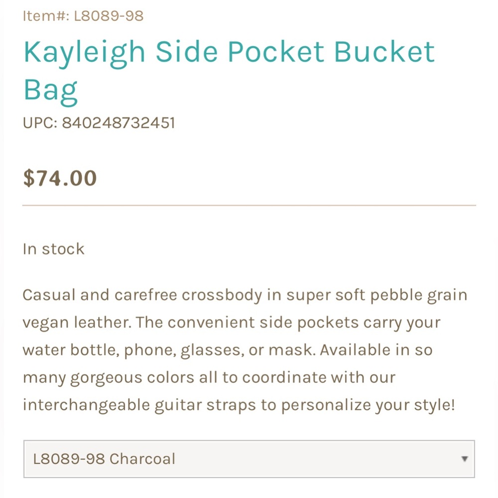 Joy Susan Kayleigh Side Pocket Bucket Bag 3-Pc Combo in Charcoal + Guitar Strap - Picture 15 of 16